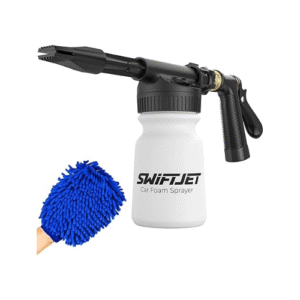 SwiftJet Car Wash Foam Sprayer Gun with Microfiber Wash Mit - Adjustable Water Pressure & Soap Ratio Dial - Foam Cannon Attaches to Any Garden Hose (Foam Sprayer with Wash Mit (Black))